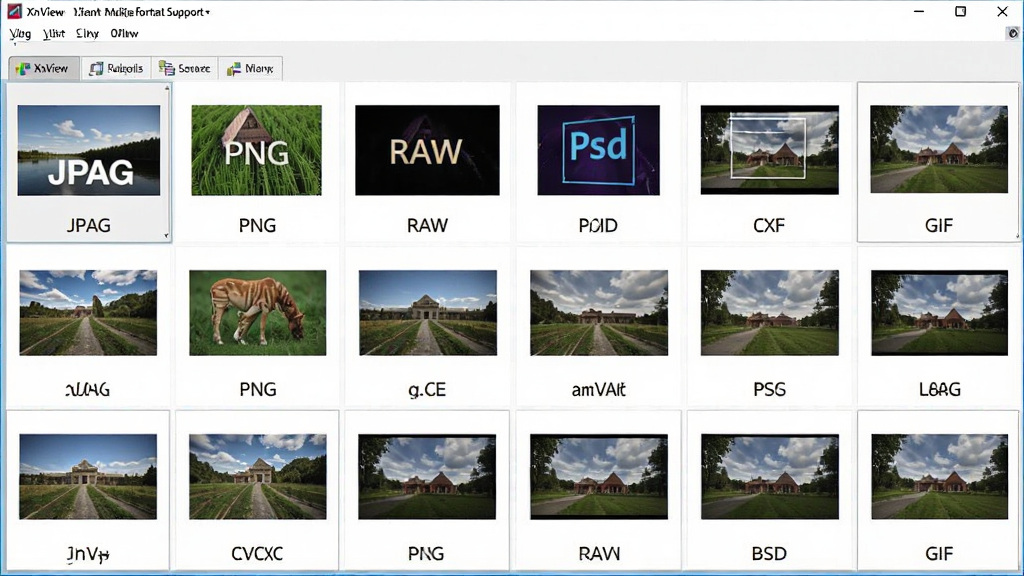 一张展示XnView多格式支持的示意图,主体是软件界面中同时排列着JPG、PNG、RAW、PSD、GIF等多种格式的缩略图,布局为网格状排列,排版整齐,风格为科技感UI展示图,细节包括每个缩略图下方标注格式名称,画质清晰干净无多余元素