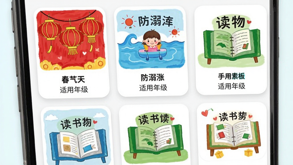 AI手抄报模板素材库界面展示图,画面展示手机屏幕上呈现网格状排列的手抄报模板缩略图,缩略图内容丰富多彩,有春节红灯笼主题、有防溺水蓝色主题、有读书日绿色主题,每个缩略图下方标注了模板名称和适用年级,界面采用卡片式设计,圆角柔和,色彩清新,排版整齐,画质清晰,无多余元素,体现素材库的丰富多样性