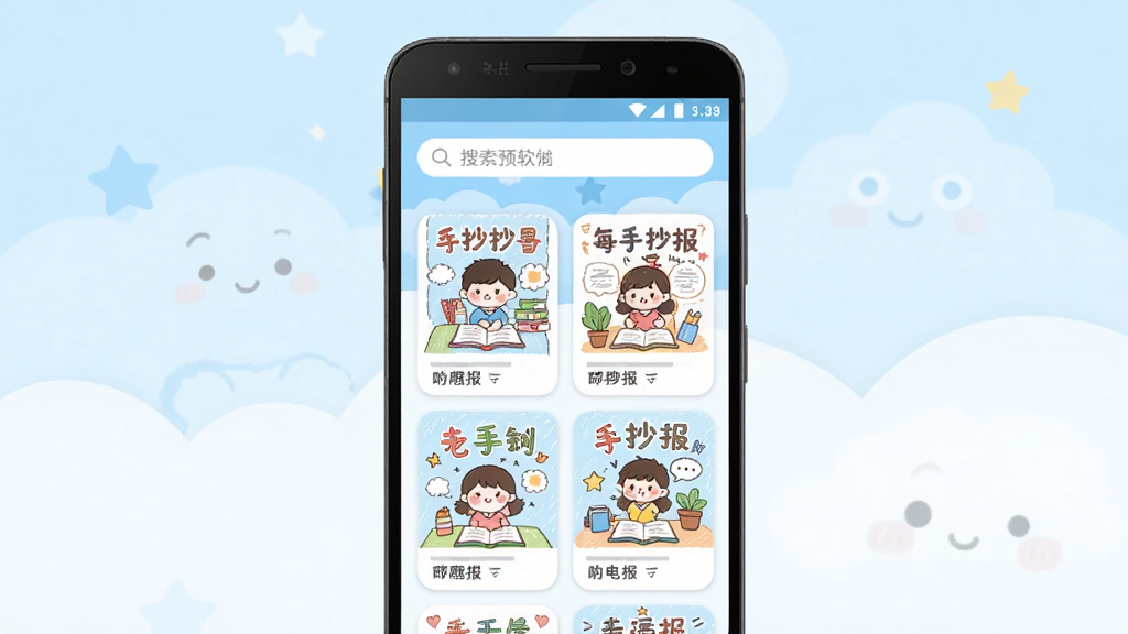 AI手抄报软件主界面预览图,画面中央展示一部安卓手机,手机屏幕上显示着AI手抄报应用的主页,主页布局包含顶部搜索框输入框,下方是整齐排列的各类手抄报主题卡片,卡片上有可爱的卡通插图,背景是浅蓝色与白色相间的清爽风格,整体排版简洁明了,画质清晰干净,无多余元素,主体突出,适合作为软件下载站的展示图片