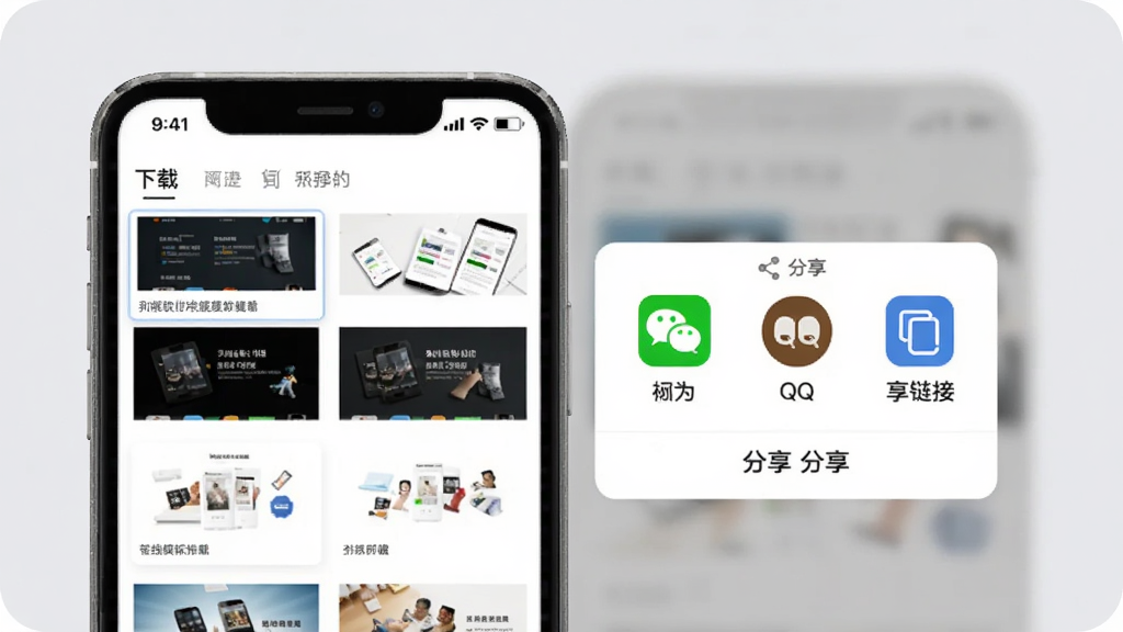 AI手抄报离线缓存与分享功能示意图,画面主体是一部手机,手机屏幕左侧显示已下载的离线模板列表,右侧显示一个分享弹窗,弹窗内有微信、QQ、复制链接等分享图标,背景是柔和的浅灰色,整体风格商务简约,排版清晰,画质干净,无多余元素,突出软件的实用性与便捷性