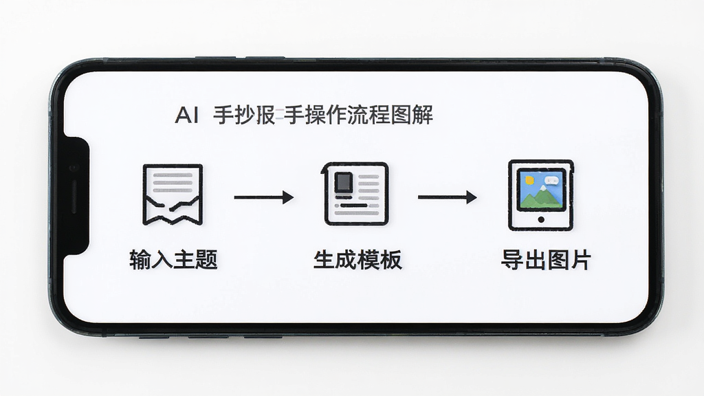 AI手抄报新手操作流程图解,画面展示一部手机,屏幕上以流程图的形式呈现从输入主题到生成模板再到导出图片的三个步骤,每一步都有简洁的图标和文字说明,背景为白色,线条清晰,排版工整,风格简洁商务,画质干净,无多余元素,帮助新手快速理解使用方法