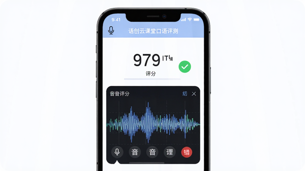 语创云课堂口语评测界面,主体为手机屏幕显示发音评分与波形图,布局上方为评分数字下方为音素标注,排版直观,风格语言学习工具,细节包含麦克风图标、绿色正确标记、红色纠错标记,画质清晰,干净,无多余元素