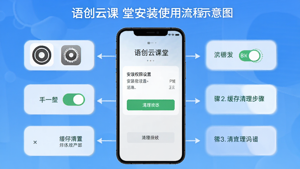 语创云课堂安装使用流程示意图,主体为手机屏幕显示安装权限设置与缓存清理步骤,布局分步骤纵向排列,排版清晰,风格教程图解,细节包含设置图标、权限开关、清理按钮,画质清晰,干净,无多余元素
