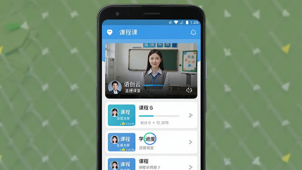 语创云课堂手机应用界面展示,主体为一部安卓手机,屏幕内呈现课程列表与直播课堂画面,布局居中,排版简洁,风格现代教育类App,细节包含课程卡片、教师头像、学习进度条,画质清晰,干净,无多余元素