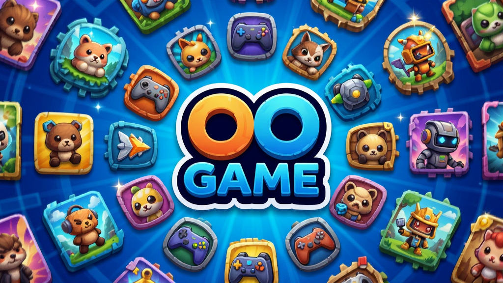 主体为一个虚拟的游戏资源库场景,画面中央是OO GAME的Logo,四周环绕着不同游戏类型的图标与封面,布局为放射状排列,排版饱满有序,风格为鲜艳明快的卡通科技风,细节包括图标上的光影与立体感,画质高清,干净,无多余元素