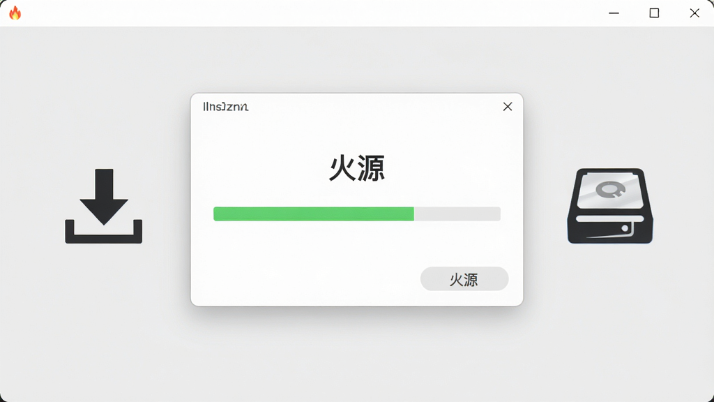 软件名称“火源”安装界面,画面展示安装进度条与简洁的安装向导窗口,旁边有下载箭头和磁盘图标,背景为浅灰色,风格干净简约,布局居中,细节清晰,画质高清,干净,无多余元素