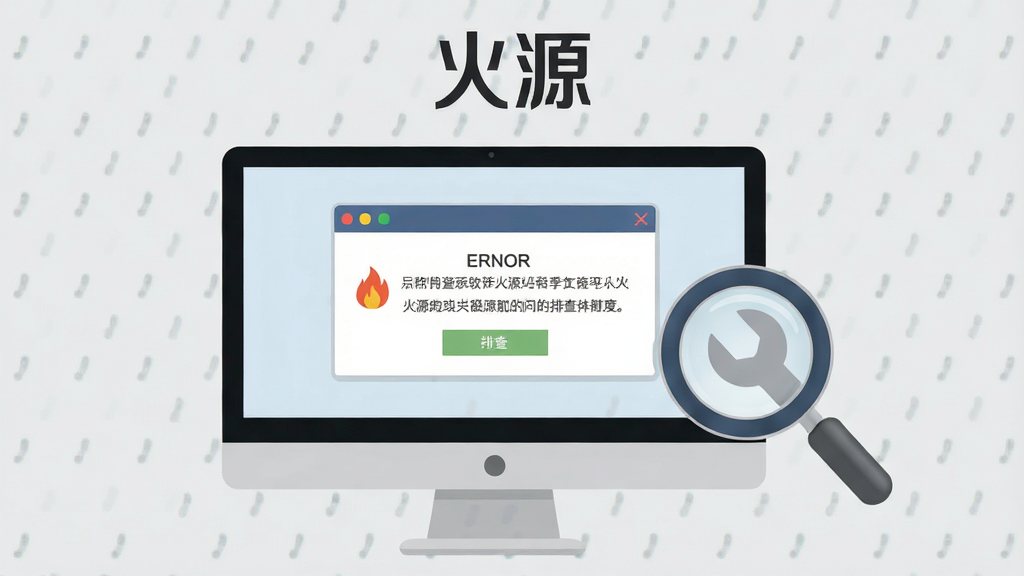软件名称“火源”问题排查示意图,画面中电脑屏幕显示错误提示窗口,旁边有放大镜与扳手图标,背景为浅灰色,风格简洁,布局清晰,细节明确,画质高清,干净,无多余元素