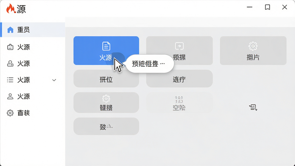 软件名称“火源”操作界面,画面展示清晰的菜单栏与功能按钮,鼠标指针悬停在主要功能上,旁边有简洁的提示气泡,背景为白色与浅灰搭配,风格清爽,布局规整,细节清晰,画质高清,干净,无多余元素