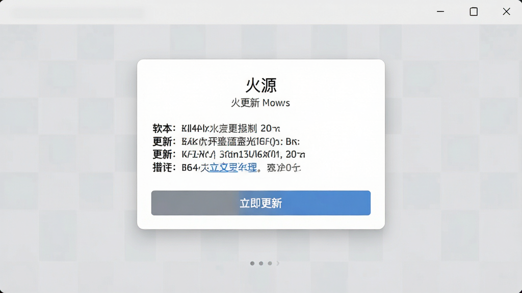 软件名称“火源”更新提示界面,画面展示版本更新弹窗,包含更新日志与立即更新按钮,背景为淡灰色,风格简约,布局居中,细节清晰,画质高清,干净,无多余元素