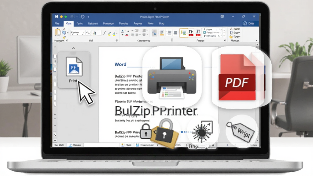 BullZip PDF Printer使用场景图,画面展示一台笔记本电脑屏幕中打开Word文档,鼠标指针指向打印按钮,旁边浮现虚拟打印机图标和PDF文件图标,下方有加密锁、水印标签等小图标,主体为电脑与文档,布局居中,风格为写实办公场景插画,细节体现操作流程,画质清晰,干净无多余元素。