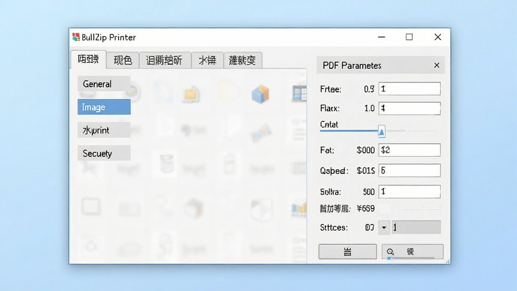 一张展示BullZip PDF Printer软件主界面的高清截图风格图片,画面中央是简洁的虚拟打印机设置窗口,左侧排列着通用、图像、水印、安全等设置选项卡,右侧显示PDF输出参数调节面板,背景为淡蓝色渐变,整体布局干净整齐,风格为现代扁平化UI设计,细节上体现按钮图标和参数输入框,画质清晰锐利,干净无多余元素。