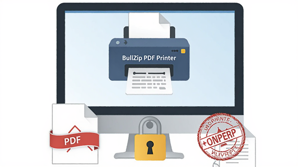 BullZip PDF Printer软件功能示意图,画面展示一台虚拟打印机图标悬浮在电脑屏幕上方,下方延伸出PDF文档、锁形安全图标、水印印章等元素,主体居中布局,风格为科技感扁平插画,细节上体现