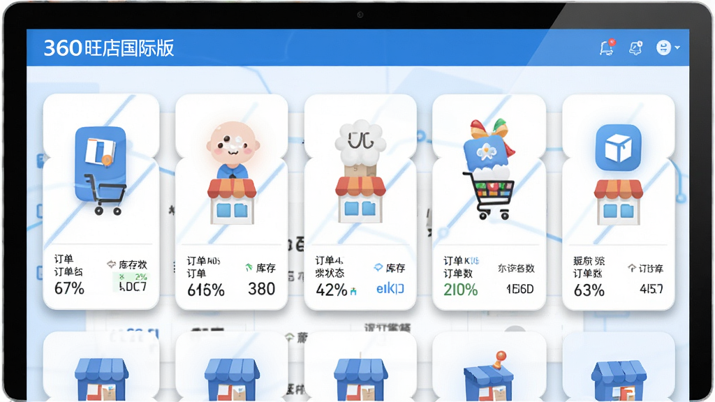一张展示360旺店国际版多平台聚合管理功能的图片。主体为软件界面中多个店铺图标并列排列,每个店铺下方显示订单数与库存状态。布局为横向排列的卡片式设计,排版紧凑有序。风格为扁平化科技感,色调以蓝白为主。细节上卡片带有轻微阴影,数据数字清晰可见。画质高清,干净无多余元素。