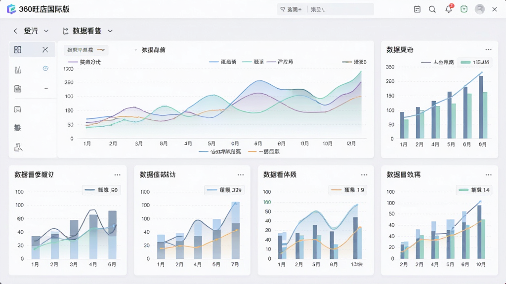 一张展示360旺店国际版数据报表功能的图片。主体为软件界面中折线图与柱状图组合的数据看板。布局为网格状排列多个图表卡片,排版规整。风格为现代数据可视化风,色调柔和。细节上图表线条流畅,有图例标注。画质高清,干净无多余元素。