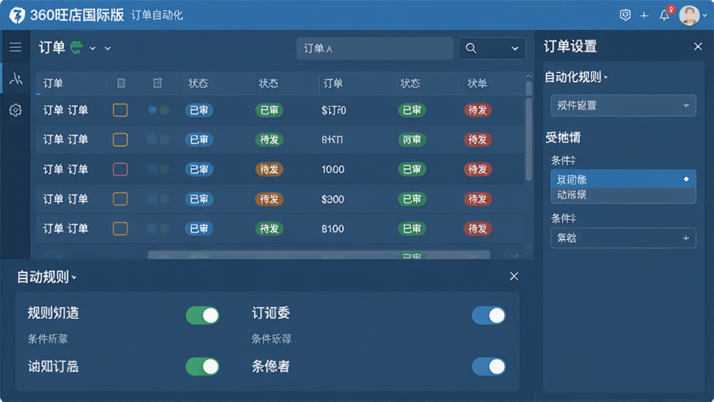 一张展示360旺店国际版订单自动化处理界面的图片。主体为软件中订单列表与自动化规则设置面板。布局为上下结构,上方为订单表格,下方为规则开关与条件选项。风格为专业管理软件风,色调偏冷。细节上表格行有状态标签,如“已审”“待发”。画质高清,干净无多余元素。
