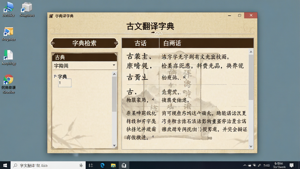一张干净整洁的电脑桌面截图,画面中央打开着古文翻译字典软件主界面,左侧为字典检索输入框,右侧显示古文原文与白话译文对照,界面风格古朴典雅,采用米黄色背景与深棕色文字,排版清晰,画质高清,无多余元素