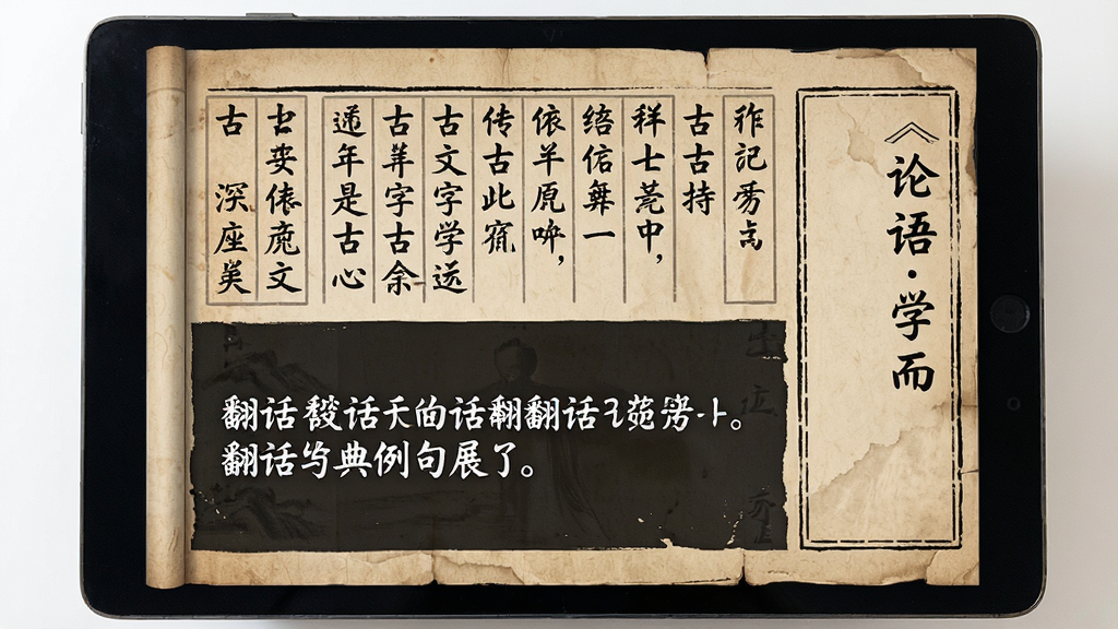 古文翻译字典例句展示页面,屏幕上半部分为古文原文,下半部分为白话翻译,右侧标注出处《论语学而》,界面采用仿古书页设计,文字排版疏朗,画质高清,无广告元素