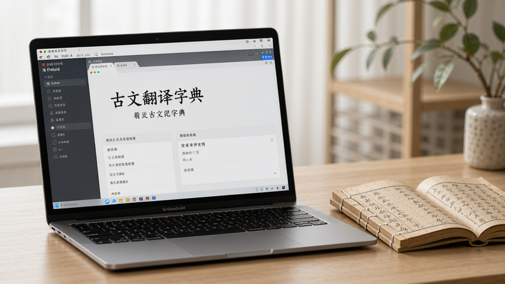 一台笔记本电脑屏幕显示古文翻译字典软件运行界面,旁边放置一本翻开的线装古籍,桌面整洁,光线柔和,画质高清,画面传达出沉浸式古文学习的氛围,无多余杂物