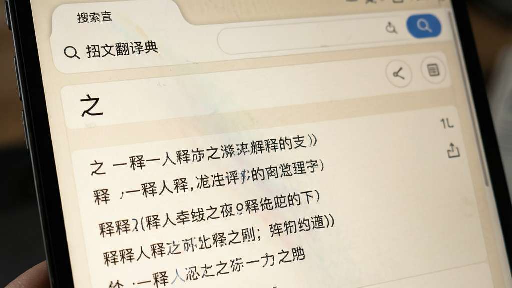 软件界面特写,展示古文翻译字典的搜索结果页面,屏幕上显示“之”字的多种释义与例句,排版整齐,字体清晰,背景为浅色护眼模式,画质细腻,无杂乱元素
