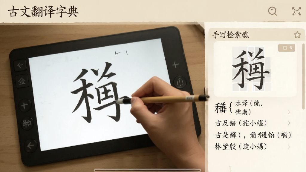 古文翻译字典手写检索功能界面,画面中显示一个手写输入板,用户正在书写一个复杂汉字,右侧同步显示识别结果与释义,界面风格简约,色调温和,画质清晰,无多余图标