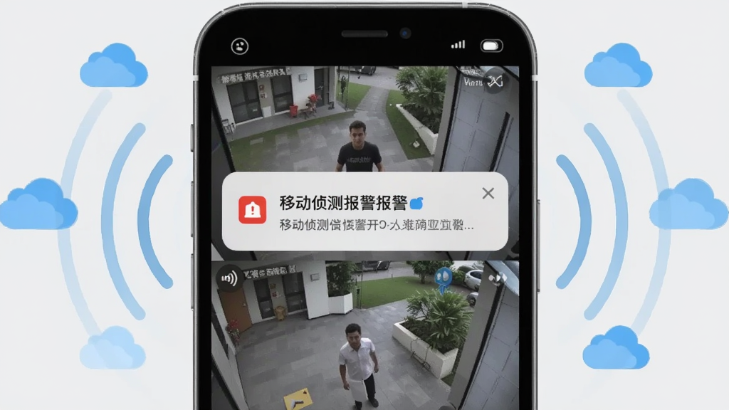 画面中央是一部智能手机,屏幕显示监控画面与一条推送通知,通知内容为移动侦测报警,布局采用居中构图,手机周围环绕信号波纹与云朵图标,风格为现代移动端UI展示,细节上突出手机边框与屏幕内容,背景为浅灰色,画面干净无多余元素,高清画质