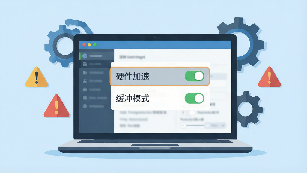 画面中央是一台笔记本电脑,屏幕显示软件设置界面,界面中高亮显示“硬件加速”开关与“缓冲模式”选项,布局采用居中构图,周围环绕齿轮与警告图标,风格为扁平化科技插画,细节上突出设置项的文字与开关状态,背景为浅蓝色,画面干净无多余元素,高清画质