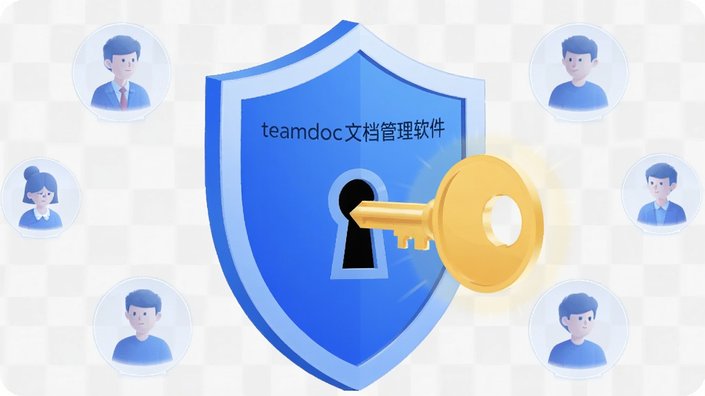 主体为一把金色钥匙插入蓝色盾牌锁孔,布局采用中心对称,排版将盾牌置于画面中央、周围环绕半透明用户头像图标,风格为简约安全主题插画,细节包括盾牌上刻有“teamdoc文档管理软件”文字、背景为浅灰色网格、钥匙散发微光,画质为高清、干净、无多余元素