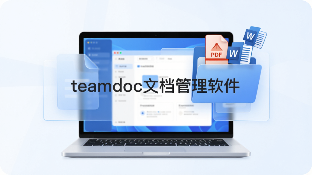 主体为一台打开的笔记本电脑与悬浮的文件夹图标,布局采用居中对称构图,排版将软件界面截图与抽象文档图标融合,风格为现代扁平化商务科技风,细节包括蓝色主色调、半透明玻璃质感面板、文件夹中飞出PDF与Word图标,画质为高清4K、干净无多余元素,画面中央用简洁字体书写“teamdoc文档管理软件”字样