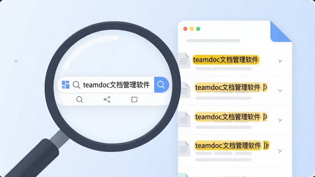 主体为放大镜聚焦在文档列表上,布局采用左侧放大镜、右侧文档列表的横向排版,风格为扁平化UI风格,细节包括放大镜中显示“teamdoc文档管理软件”搜索框、文档列表带有高亮黄色关键词标记、背景为淡蓝色渐变,画质为高清、干净、无多余元素