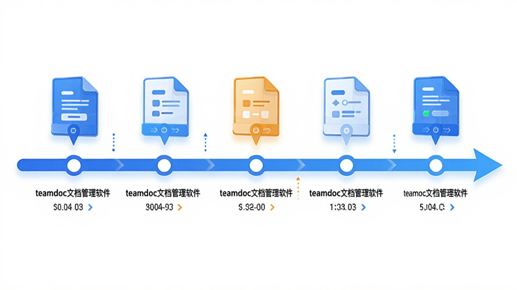 主体为时间轴与文档图标组合,布局采用横向时间轴贯穿画面,排版将多个文档版本图标依次排列在时间轴上,风格为信息图表风格,细节包括时间轴节点标注“teamdoc文档管理软件”版本号、箭头指向最新文档、背景为白色简洁,画质为高清、干净、无多余元素