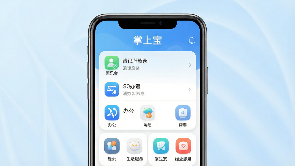 一张展示掌上宝软件主界面的图片,画面中央是手机屏幕,屏幕内显示掌上宝应用的主页,包含通讯录、消息列表、办公应用图标和生活服务入口。布局采用居中构图,背景为干净的浅蓝色渐变,风格现代简约,细节上图标圆润清晰,文字标注“掌上宝”置于顶部。画质高清,干净无多余元素。