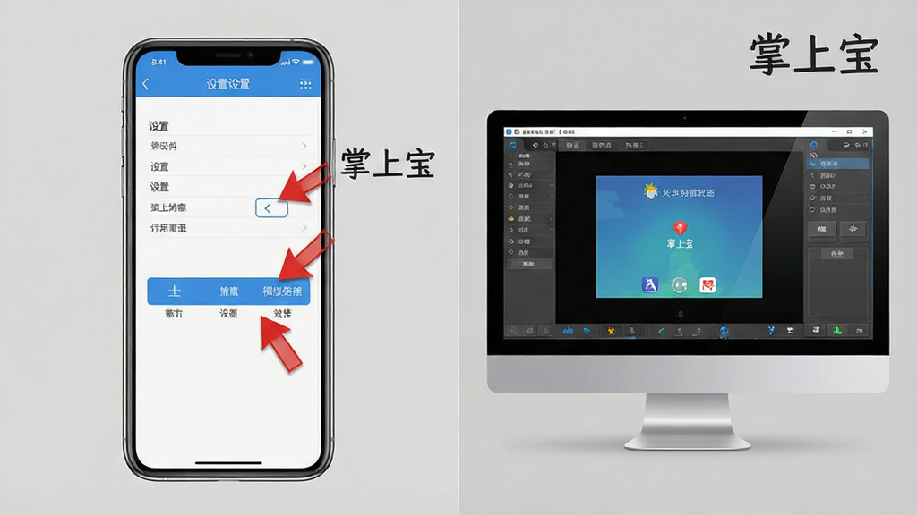 一张展示掌上宝使用教程的示意图,画面分为左右两部分,左侧是手机屏幕显示设置界面,右侧是电脑屏幕显示模拟器运行界面。布局采用对比式构图,背景为简洁的灰色。风格教学清晰,细节上箭头指向关键操作按钮,带有“掌上宝”文字标注。画质高清,干净无多余元素。