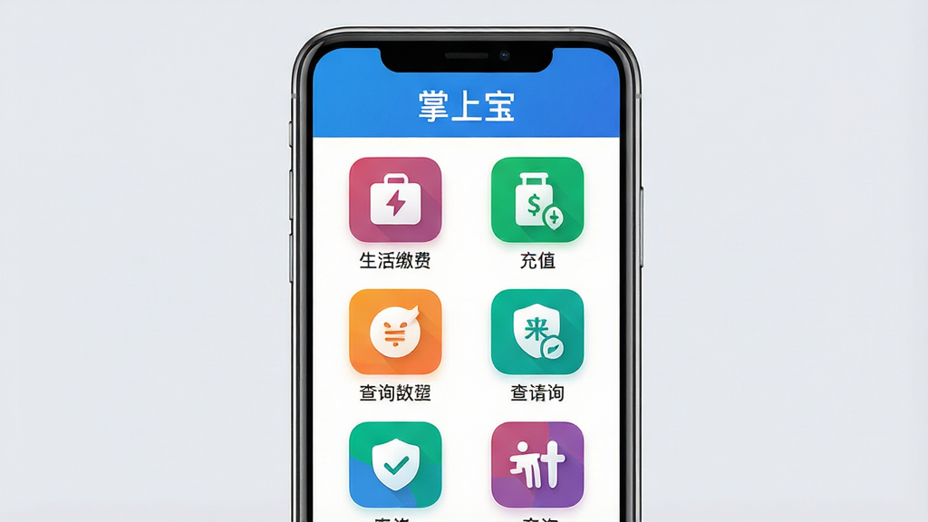 一张展示掌上宝生活服务功能的界面图,画面中央是手机屏幕,屏幕内显示生活缴费、充值、查询等图标网格,图标色彩鲜明。布局采用居中构图,背景为柔和的浅灰色。风格简洁明快,细节上图标设计统一,顶部有“掌上宝”标题。画质高清,干净无多余元素。