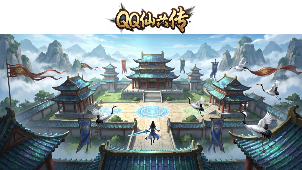 QQ仙侠传游戏主界面全景,主体为宏伟的仙侠风格主城建筑群,布局采用中心对称构图,远处群山环绕云雾缭绕,近处有玩家角色御剑飞行,排版上方留白用于展示游戏Logo,风格为中国风仙侠CG插画,细节包括琉璃瓦屋檐、飘动的旗帜、发光的法阵、灵动的仙鹤,画质高清,画面干净,无多余元素