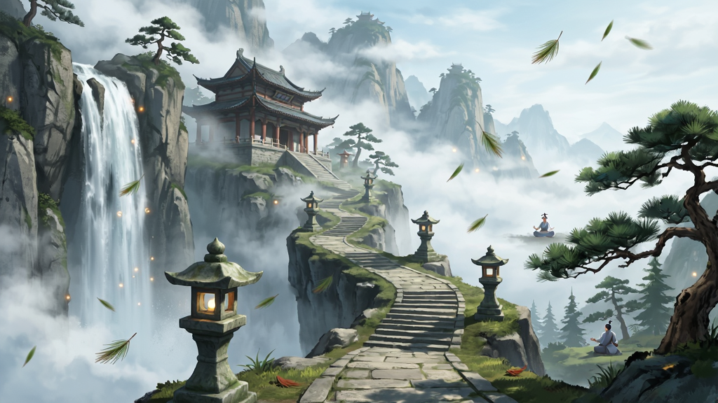 QQ仙侠传游戏场景青云山,主体为云雾缭绕的仙山与古朴的道观建筑,布局为纵向延伸的山路与阶梯,排版左侧为悬崖瀑布右侧为松林,风格为中国水墨与CG结合,细节包括飞流的瀑布、古老的石灯、飘落的松针、远处打坐的修士,画质高清,画面干净,无多余元素