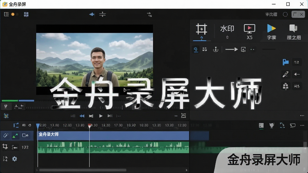 一张展示金舟录屏大师视频编辑界面的图片,画面中显示时间轴、视频预览窗口和编辑工具栏,工具栏包含裁剪、水印、字幕等图标,整体布局清晰合理,风格专业简洁,画质高清,图中带有“金舟录屏大师”文字标识,干净无杂乱元素