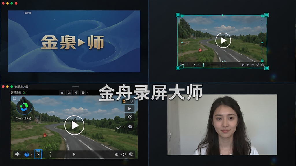 一张展示金舟录屏大师多模式录制功能的示意图,画面分为多个小格,分别展示全屏录制、区域选择框、游戏录制界面和摄像头画中画效果,整体布局整齐有序,风格现代科技感,细节丰富,画质高清,图中带有“金舟录屏大师”文字水印,干净无多余元素