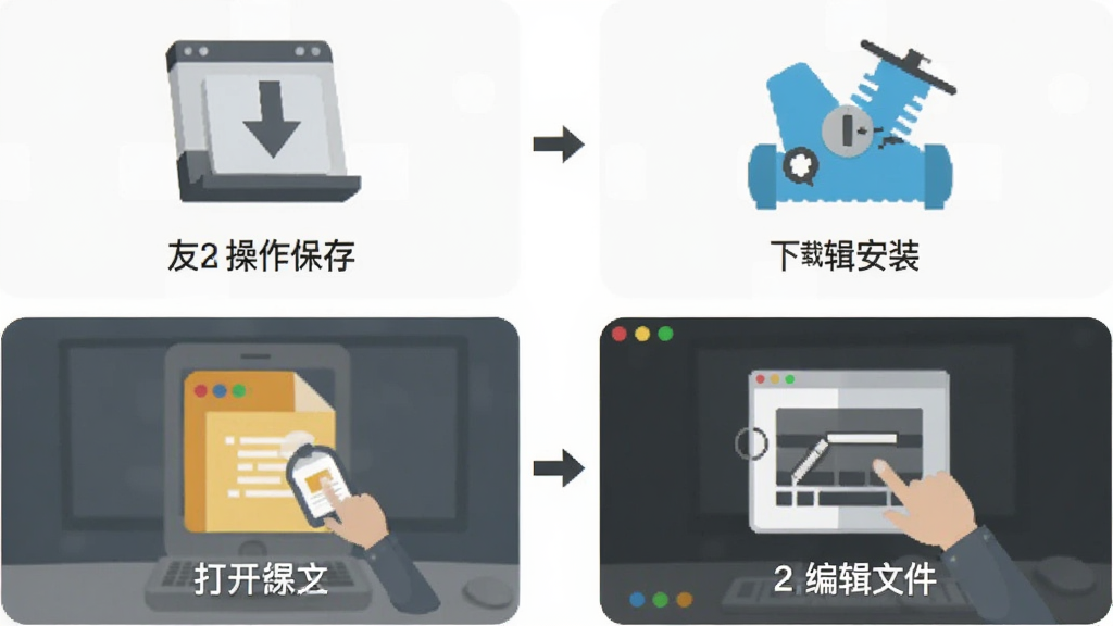一张展示友友编辑器新手操作步骤的示意图,画面中分步骤显示下载、安装、打开文件、编辑保存四个环节,每个步骤配有简单图标和文字说明,整体风格扁平化,背景为白色,画质清晰,无多余元素