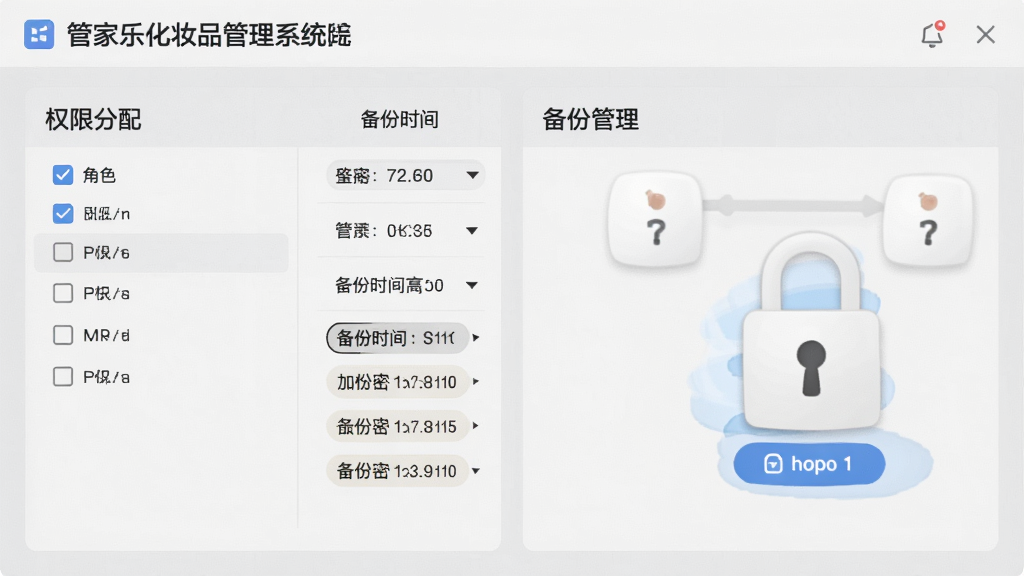 管家乐化妆品管理系统数据安全设置界面,主体为权限分配与备份管理面板,布局采用左右分栏,排版清晰规整,风格浅灰质感,细节包含角色勾选框、备份时间列表、加密锁图标,画质高清,干净,无多余元素