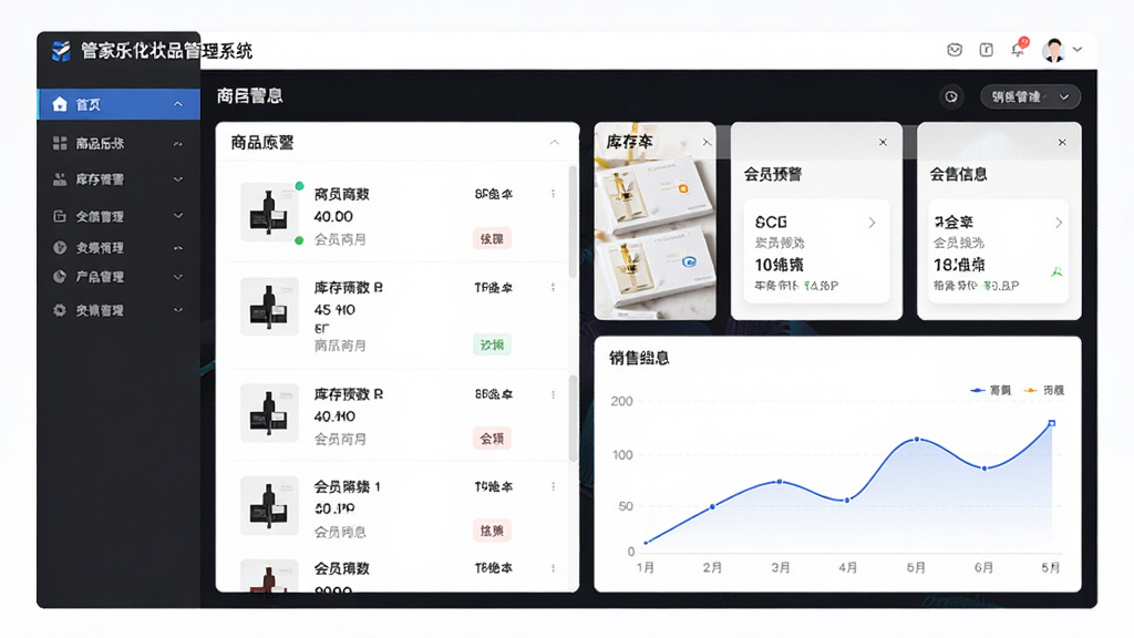 软件界面全景展示,主体为管家乐化妆品管理系统主控台,布局采用左侧导航栏加右侧数据看板,排版整齐清晰,风格为现代商务简约,细节包含商品列表、库存预警、会员信息卡片、销售曲线图,画质高清,干净,无多余元素