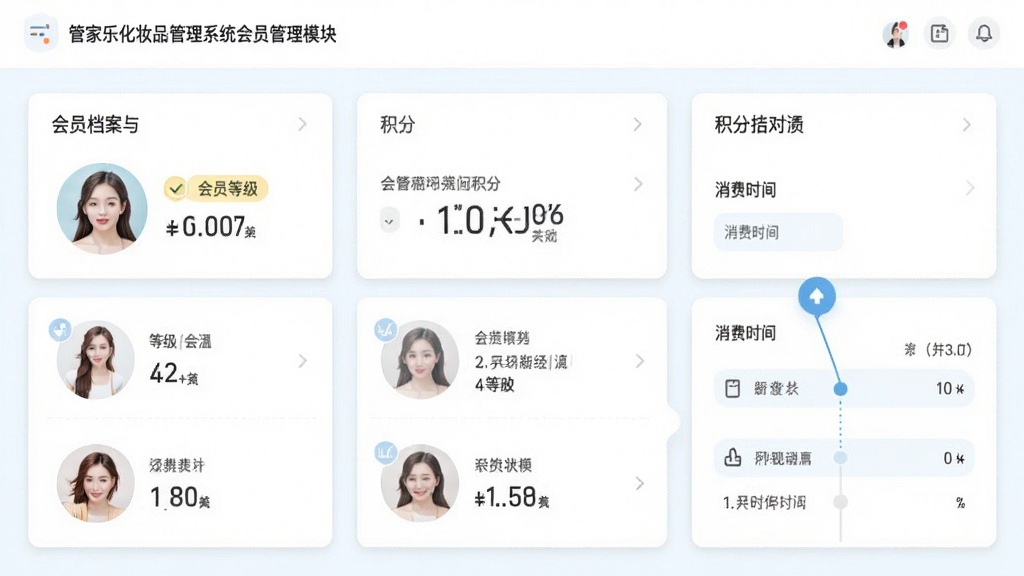 管家乐化妆品管理系统会员管理模块界面,主体为会员档案与积分面板,布局采用卡片式排列,排版左中右三栏,风格清新浅色,细节包含会员头像、等级标签、积分数字、消费时间轴,画质清晰,干净,无多余元素