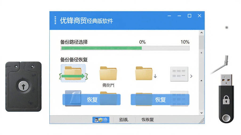 画面主体为优锋商贸经典版软件的数据备份与恢复界面,界面中展示备份路径选择与恢复按钮。布局为居中软件窗口,旁边放置一个移动硬盘与U盘。风格为简洁实用风,细节包括清晰的进度条、文件夹图标与安全锁标识。画质清晰,干净,无多余元素。