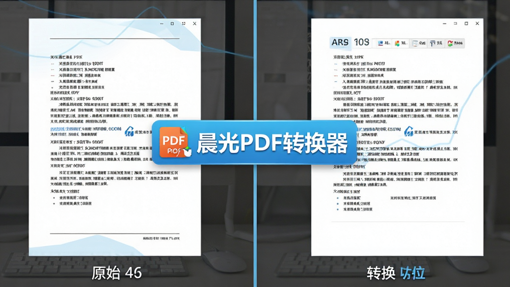 画面展示分屏对比效果,左侧是原始PDF文档页面,右侧是转换后的Word文档页面,两份文档内容排版高度一致,画面中央有“晨光PDF转换器”的软件Logo标识,整体布局为左右对称,风格为商务办公风,配色以白色和浅蓝色为主,细节上文档文字清晰可辨,画质高清,无多余元素