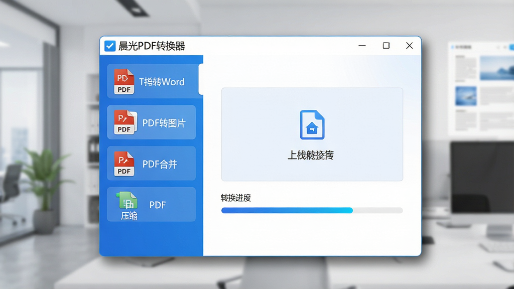 软件主界面全景展示,画面中央是“晨光PDF转换器”软件窗口,左侧为功能导航栏包含PDF转Word、PDF转图片、PDF合并、PDF压缩等图标按钮,右侧为主操作区域展示文件拖拽上传框和转换进度条,整体布局清晰有序,风格为现代简约商务风,配色以蓝白为主,细节上窗口边缘有柔和阴影,界面文字清晰可读,画质高清,画面干净,无多余元素