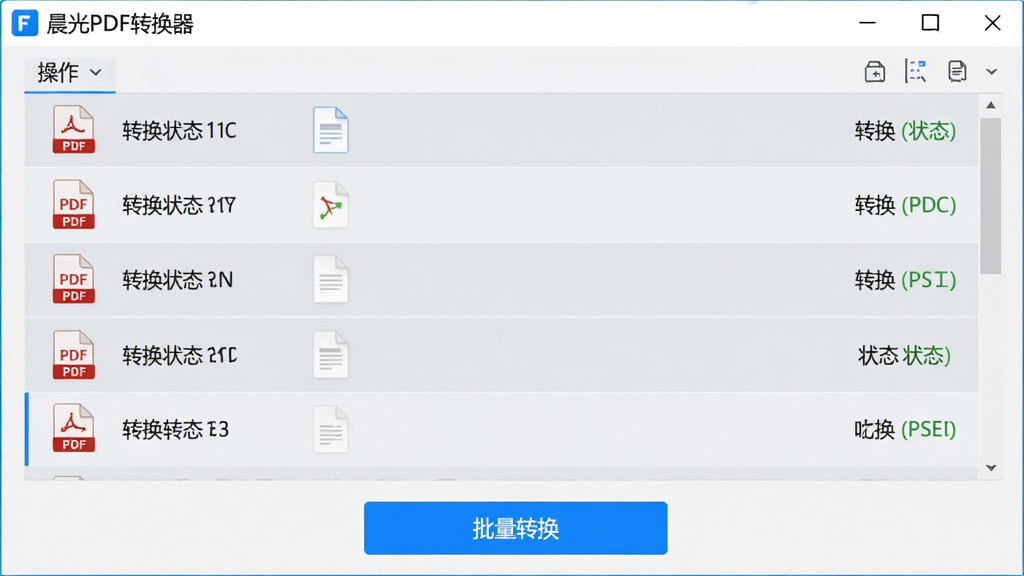 画面主体是“晨光PDF转换器”软件操作界面,界面中展示文件列表区域,列表中排列着多个PDF文件条目,每个条目左侧有文件图标,右侧显示转换状态,界面底部有“批量转换”按钮高亮显示,整体布局为上下结构,风格为清爽极简风,配色以浅灰和蓝色点缀,细节上文件列表有隔行底色区分,画质高清,画面干净,无多余元素