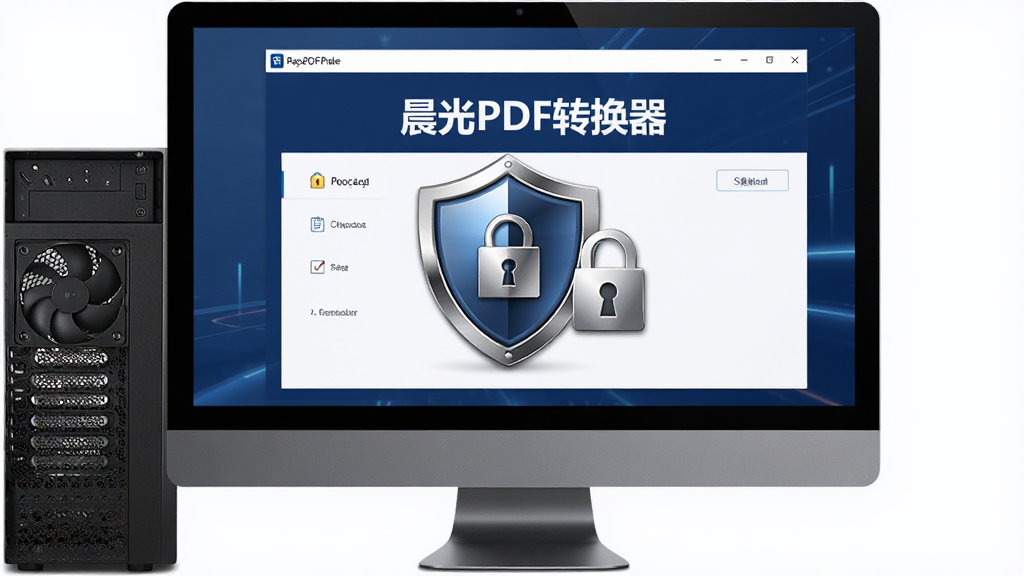 画面中央是一台台式电脑主机和显示器,显示器屏幕上显示“晨光PDF转换器”软件界面,界面上有一个盾牌形状的安全图标,盾牌旁边有锁形图案,整体布局为居中构图,风格为科技安全风,配色以深蓝和白色为主,细节上盾牌有金属光泽质感,背景干净,画质高清,无多余元素