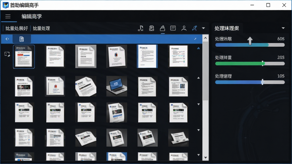 首助编辑高手软件界面展示批量处理功能,多个文档在列表中排列,右侧显示处理进度条,整体布局整齐,风格简约科技感,画面干净清晰,软件名称“首助编辑高手”显示在标题栏