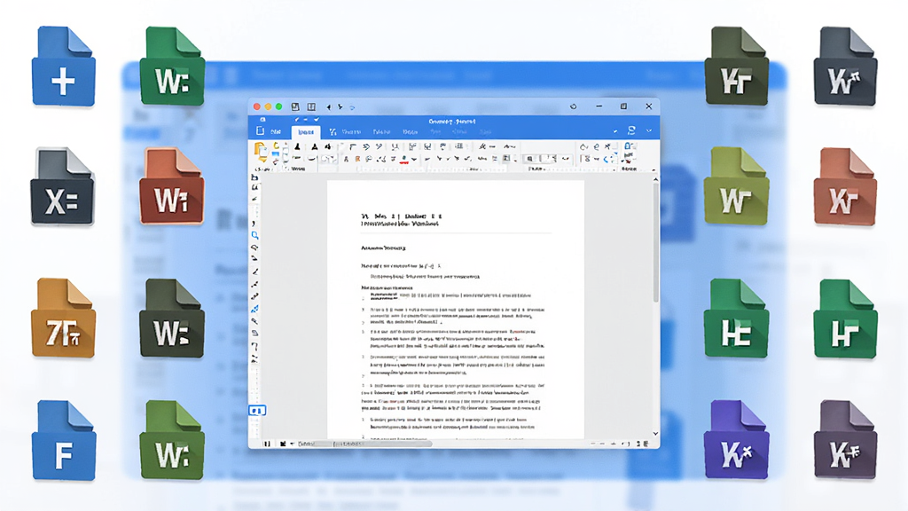 首助编辑高手软件界面中展示多种文件格式图标环绕,中间是打开的文档编辑窗口,界面清爽,蓝白配色,风格简洁专业,画质高清,无多余装饰元素