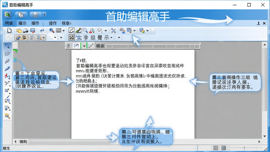 首助编辑高手软件运行时的电脑屏幕截图,界面中显示文本编辑区域和工具栏,周围有提示标签标注操作步骤,风格简洁清晰,蓝白配色,画质干净,软件名称“首助编辑高手”显示在窗口顶部