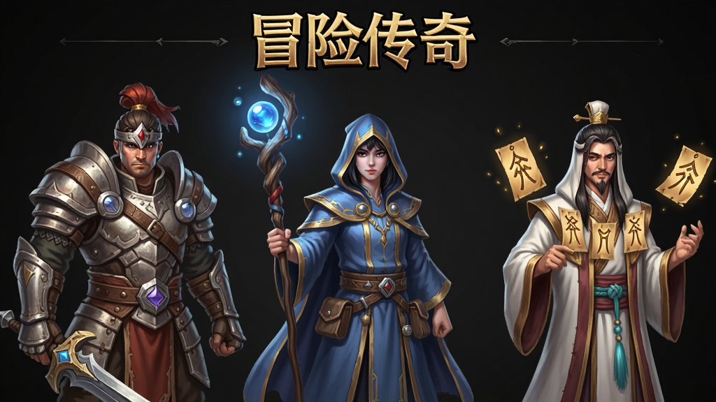 冒险传奇职业选择界面图,主体为三名不同职业角色并排站立,布局采用横向排列,排版上方显示“冒险传奇”游戏名称,风格为韩系奇幻画风,细节包含战士铠甲、法师法杖、道士符咒,画质高清,画面干净,无多余元素